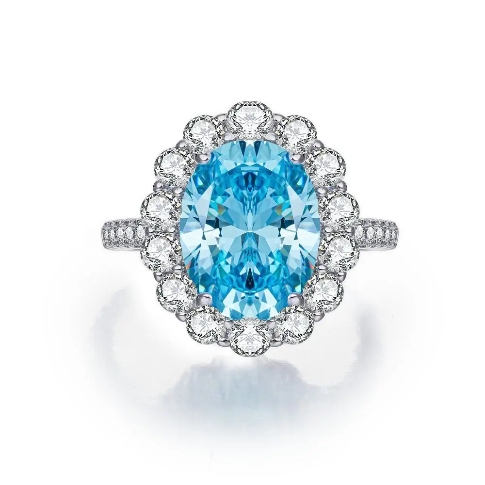 Oval Blue Gemstone Ring S925 Sterling Silver Fine Jewelry For Women Girl Emerald Cut  Lab Grown 5A Zircon High Carbon Diamond