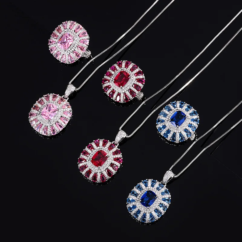 Sparkling Lab Created 7*9mm Sapphire Ruby Pink High Carbon Diamond Jewelry Set For Women Necklace Ring Engagement Wedding Luxury