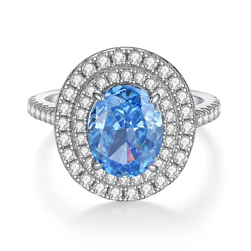 Oval Blue Gemstone Ring S925 Sterling Silver Fine Jewelry For Women Girl Emerald Cut  Lab Grown 5A Zircon High Carbon Diamond