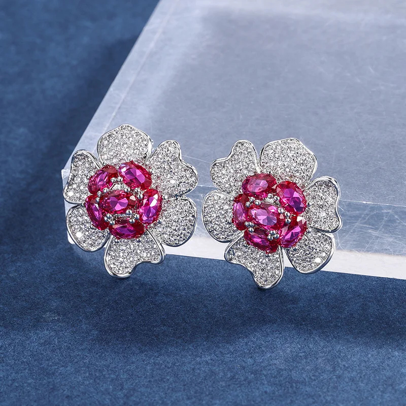 Exquisite Lab Created Ruby S925 Sterling Silver Flower Stud Earrings For Women Popular Luxury Jewelry Valentine's Day Gift
