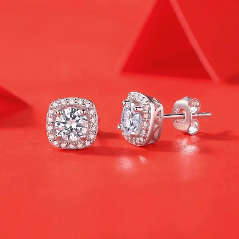 Elegant Four Claw Halo Round Moissanite Stud Earrings For Women Piercing S925 Sterling Silver Original Certified Vintage Jewelry