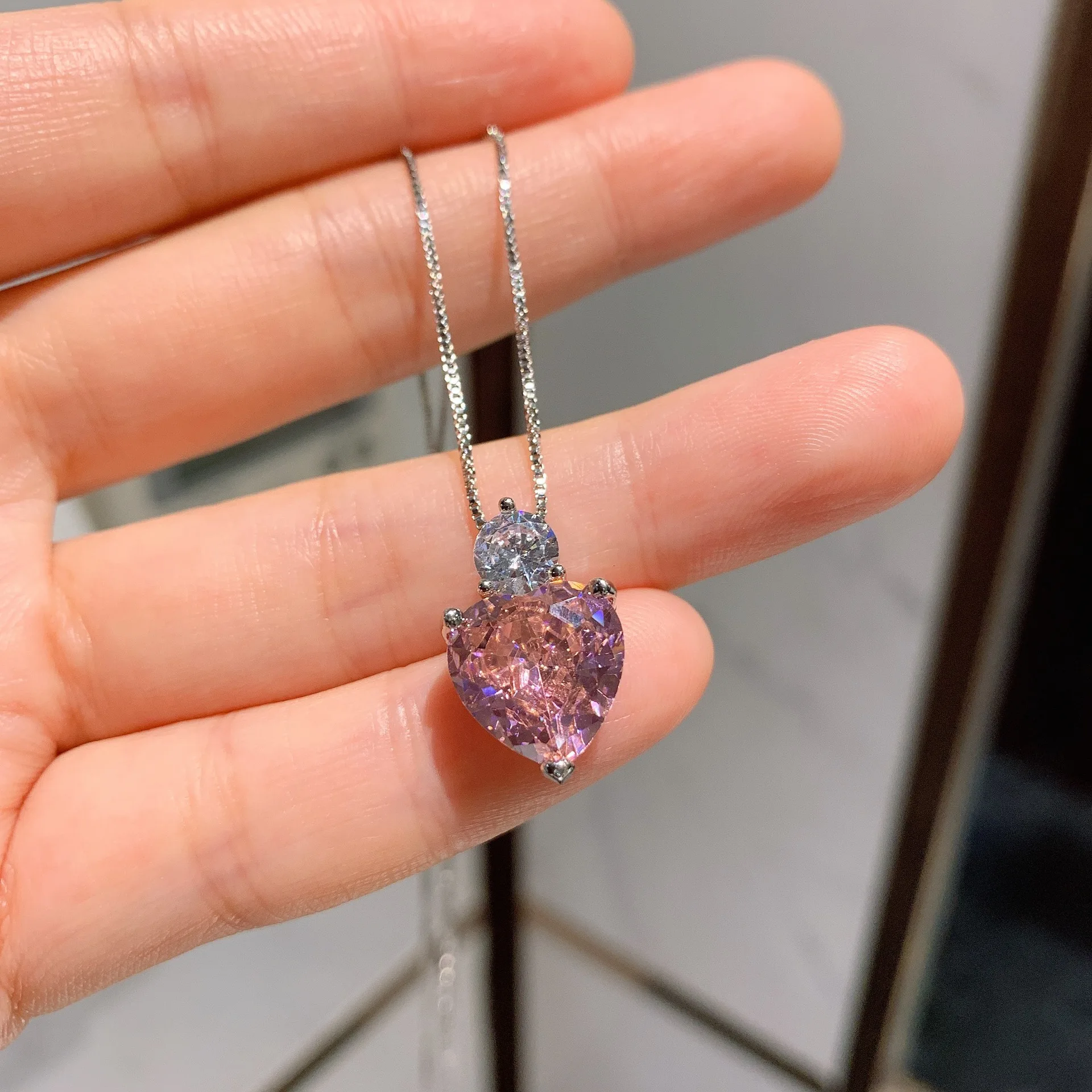 Romantic Pink Heart High Carbon Diamond S925 Silver Jewelry Set Pendant Necklace Earrings For Women Luxury Valentine's Day Gift