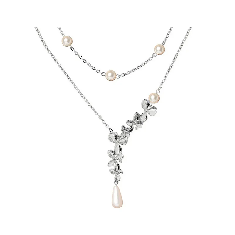 Aesthetic Pearl Necklace Women's 100% Silver Plated Metal Flower Choker Pendant Layered Neck Chains Necklace For Women Girl Gift