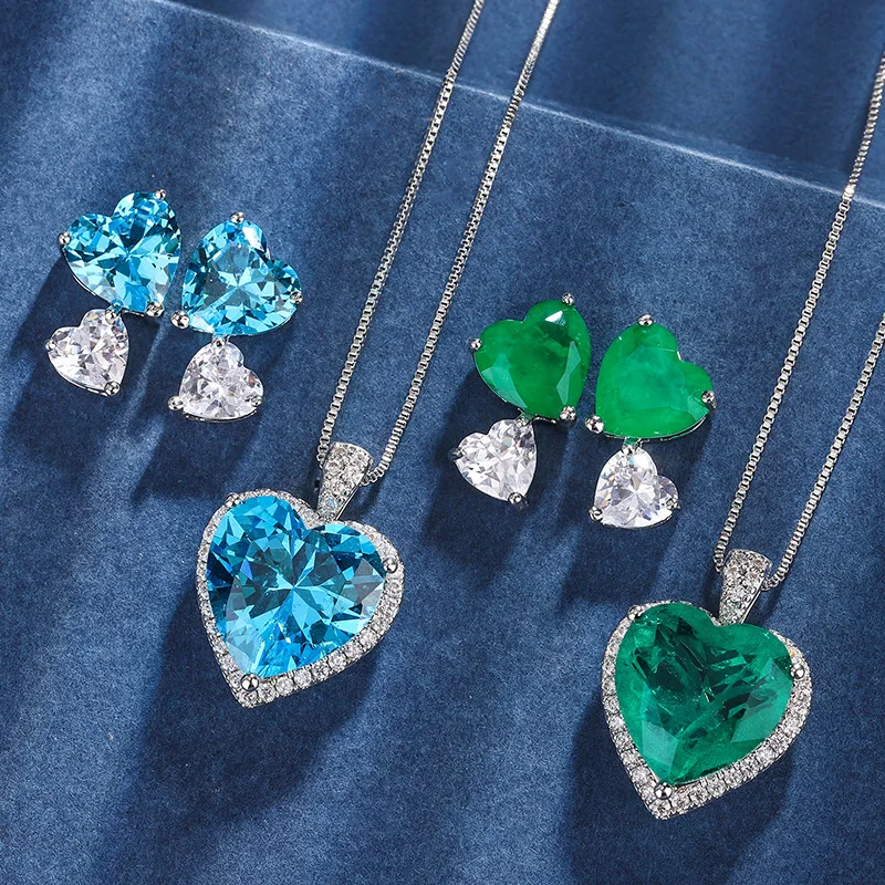 gold-plated Sweet Heart Pendant Necklace Earrings Set Emerald Palaiba Gemstone Luxury Jewelry For Women 15*15-9*9 Charm Zricon