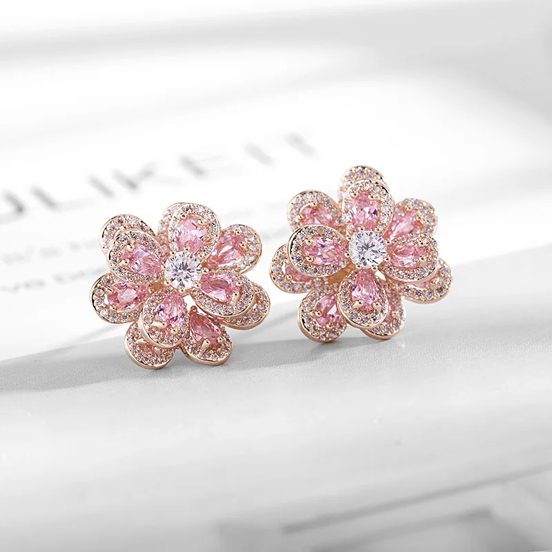 Double Layers Color Zircon Flower Earrings For Women Female Wedding Engagement Real Ag Needle HQD Stud Earrings New Trend