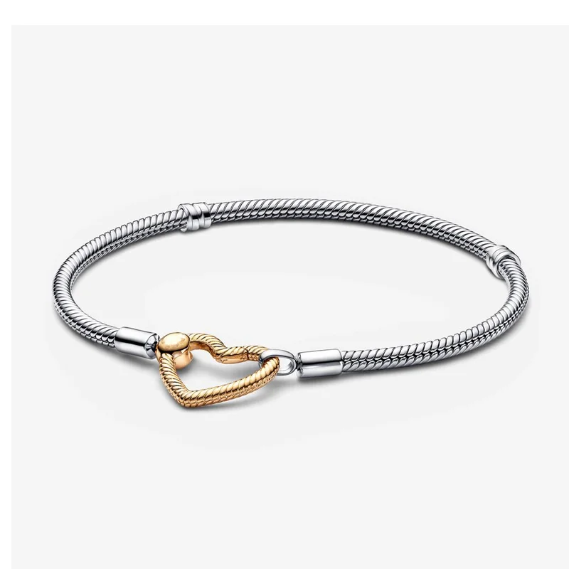 S925 Sterling Silver Jewelry Two-tone Logo T-bar Moments Heart Closure Snake Chain Bracelet For Women Men Luxury Charms Original