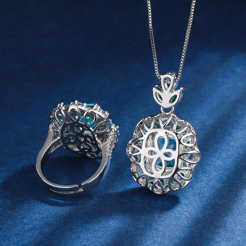 Graceful 8*10mm Paraiba Tourmaline Set Pendant Necklace Ring For Women Luxury Designer Jewelry Set Anniversary Gift Girlfriend