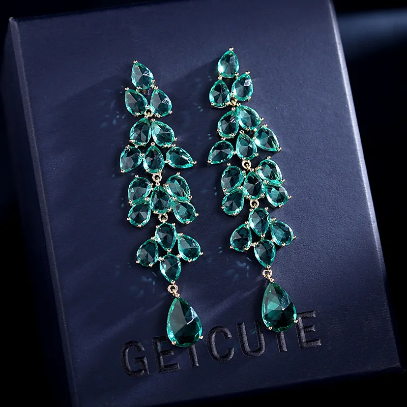 Fashion Tassel Green Purple Smart Leaf Zircon Earrings For Women Wedding Evening Dress Accessories Silver Plated Needle Jewelry
