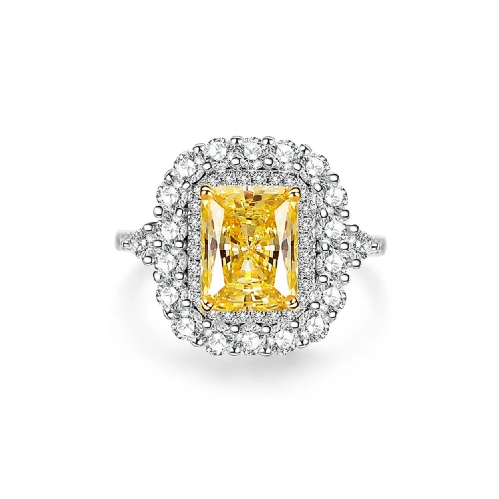 Yellow 5A Zircon S925 Sterling Silver Square Radiant Cut Ring For Women Girl Ice Flowers Wedding Ring Luxury Fine Jewelry Gift