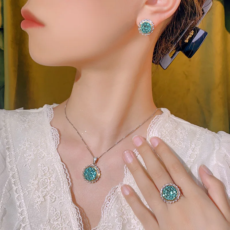 High Quality Zircon Millennium Cut 14-10mm round Jewelry Set White Gold Plated Retro Trendy Para Green