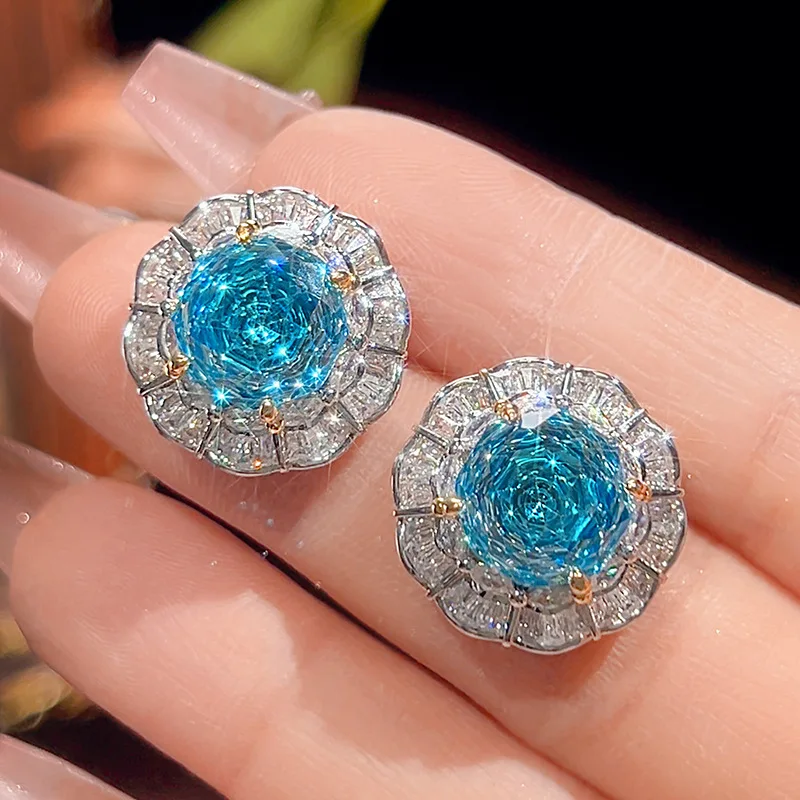 Rose Cut 16-10mm High Quality Zircon Aqua Blue White Gold Plated Elegant Jewelry Set Bridal Party Fashion Trendy