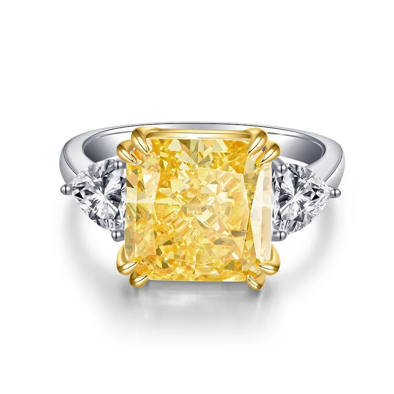 Yellow 5A Zircon S925 Sterling Silver Square Radiant Cut Ring For Women Girl Ice Flowers Wedding Ring Luxury Fine Jewelry Gift