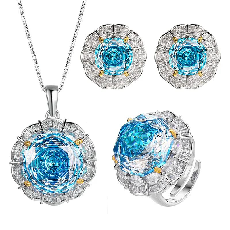 Rose Cut 16-10mm High Quality Zircon Aqua Blue White Gold Plated Elegant Jewelry Set Bridal Party Fashion Trendy