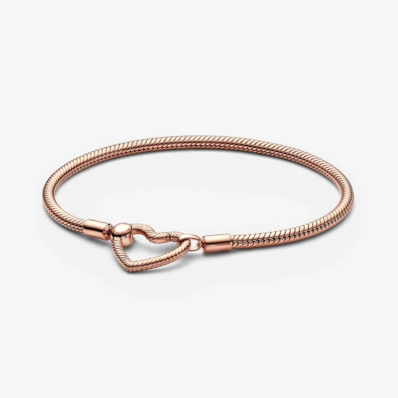 S925 Sterling Silver Jewelry Two-tone Logo T-bar Moments Heart Closure Snake Chain Bracelet For Women Men Luxury Charms Original