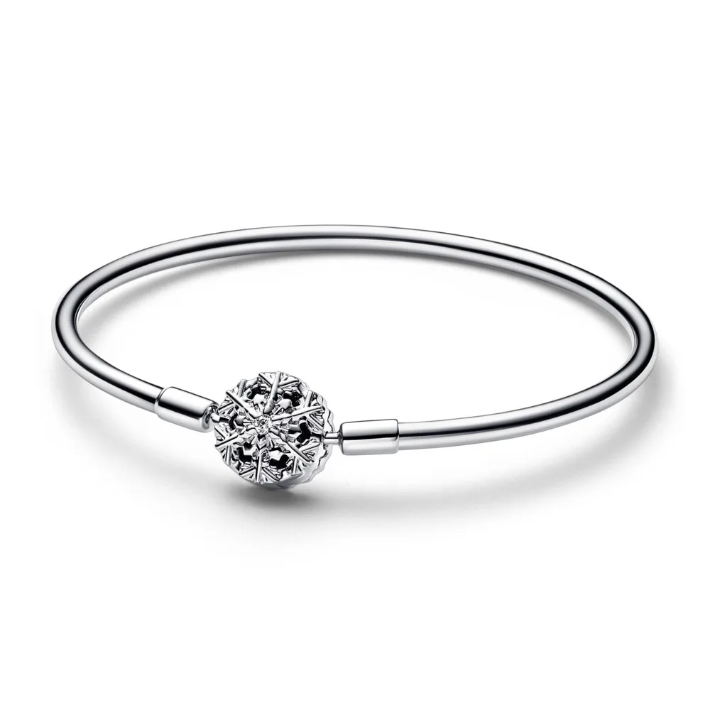 Snowflake Princess Heart Charms Beads Moments Clasp Bangle Rose Gold Women's Hand Bracelets S925 Silver Original Free Shipping