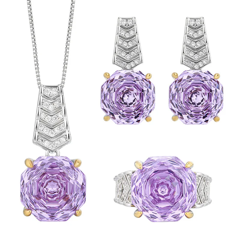 Rose Cut 14-12mm High Quality Zircon Violet White Gold Plated Elegant Luxury Jewelry Set Trendy Statement