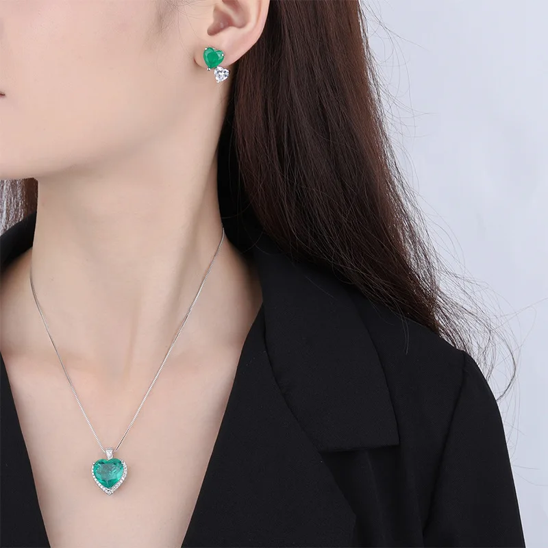gold-plated Sweet Heart Pendant Necklace Earrings Set Emerald Palaiba Gemstone Luxury Jewelry For Women 15*15-9*9 Charm Zricon