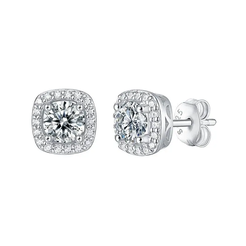 Elegant Four Claw Halo Round Moissanite Stud Earrings For Women Piercing S925 Sterling Silver Original Certified Vintage Jewelry