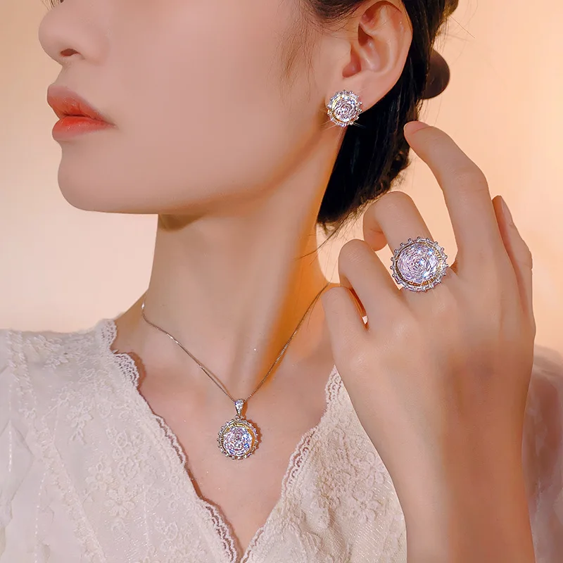 Millennium Cut 14-10mm High Quality Zircon White Diamond White Gold Plated Round Jewelry Set Party Gift Fashion