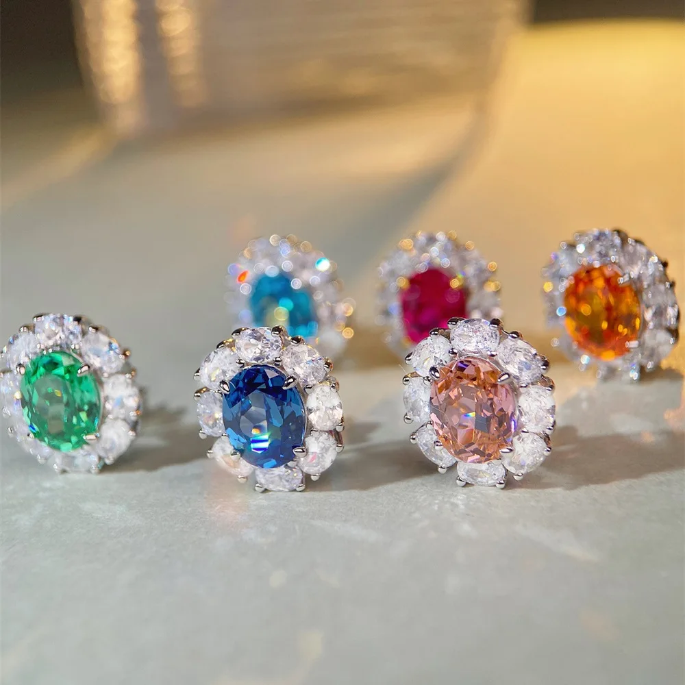 S925 Sterling Silver Earring Stud For Women's Sapphire Pink High Carbon Diamond Jewelry Round  Ruby Emerald Gemstone Charm Party
