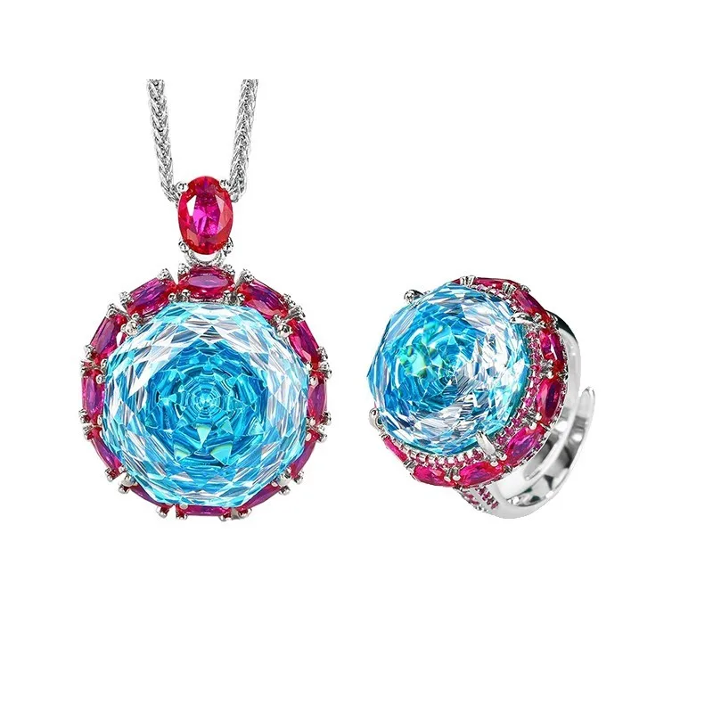18mm Big Blue Pink Zircon Diamond Jewelry Set For Women Girl  Sparkling Rose Cut Stone Necklace Adjustable Ring Wedding Gift