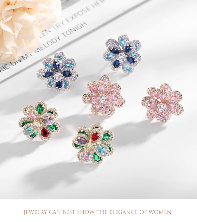 Double Layers Color Zircon Flower Earrings For Women Female Wedding Engagement Real Ag Needle HQD Stud Earrings New Trend