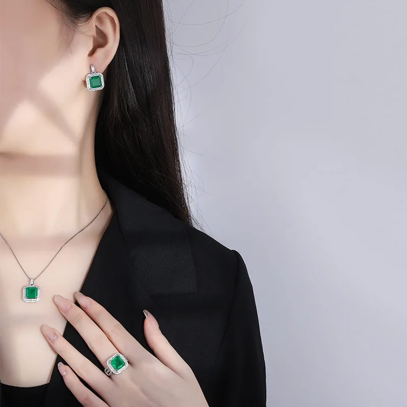 Elegant 10*10mm Paraiba Tourmaline Luxury Jewelry Set For Women Pendant Necklace Earrings Ring Popular Anniversary Gift