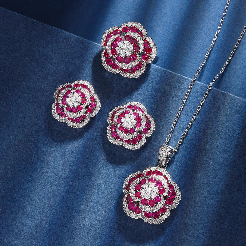 Ruby Rose Elegance Luxury Set Rings Earring Necklace For Women Jewelry Red Corundum Temperament Women Gemstone Charms Party