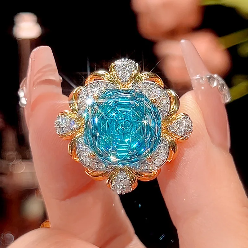 Aqua 16-14mm High Quality Zircon Vintage Brushed White Gold Plated Luxury Jewelry Set Retro Trendy