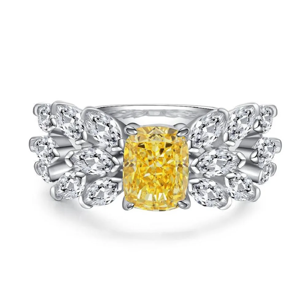 Yellow 5A Zircon S925 Sterling Silver Square Radiant Cut Ring For Women Girl Ice Flowers Wedding Ring Luxury Fine Jewelry Gift