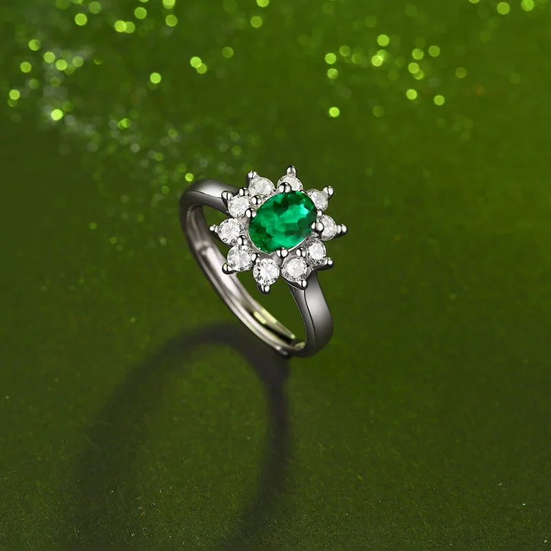 Elegant Flower Lab Created Oval Emerald Resizable Women's Finger Ring Popular 925 Sterling Silver Birthday Gift Girlfriend