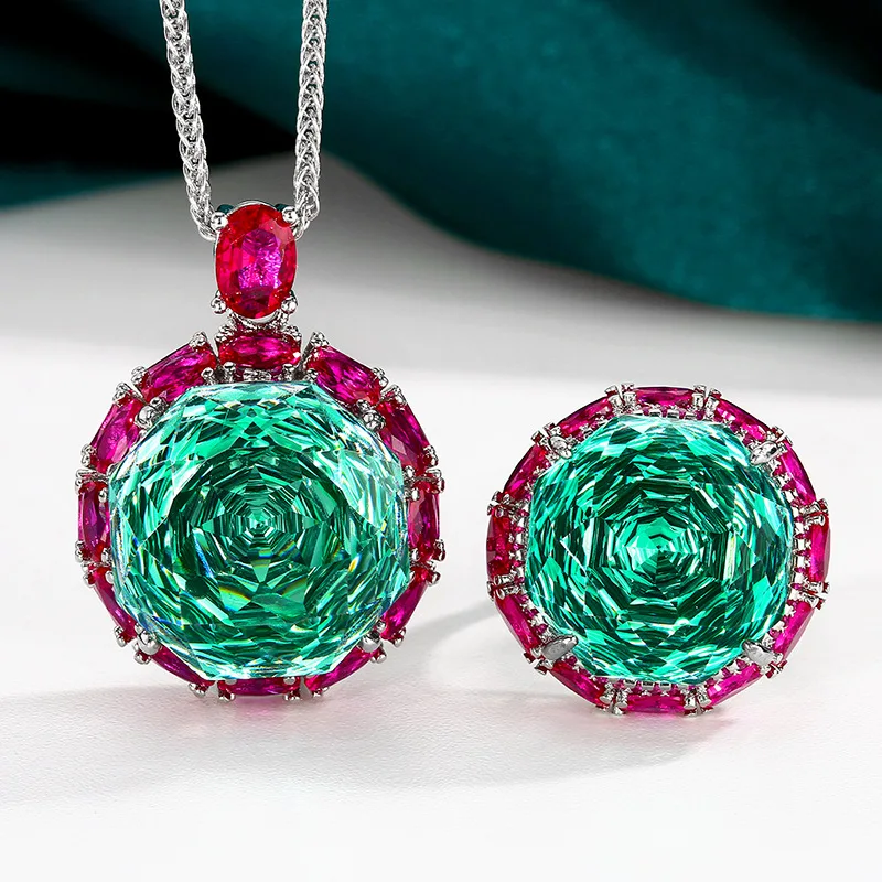 Rose Cut 18-16mm High Quality Zircon Para Green White Gold Plated Luxury Jewelry Set Hot Trendy Statement