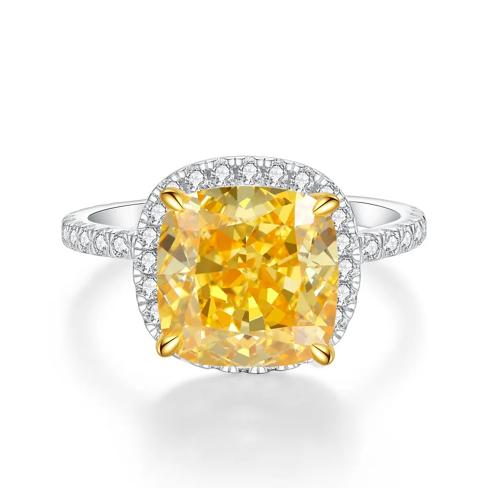 Yellow 5A Zircon S925 Sterling Silver Square Radiant Cut Ring For Women Girl Ice Flowers Wedding Ring Luxury Fine Jewelry Gift