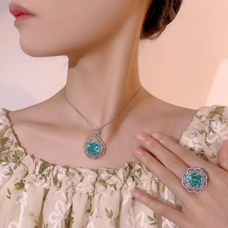Rose Cut 14mm High Quality Zircon Color Gemstone White Gold Plated Fashion Jewelry Set Daily Trendy