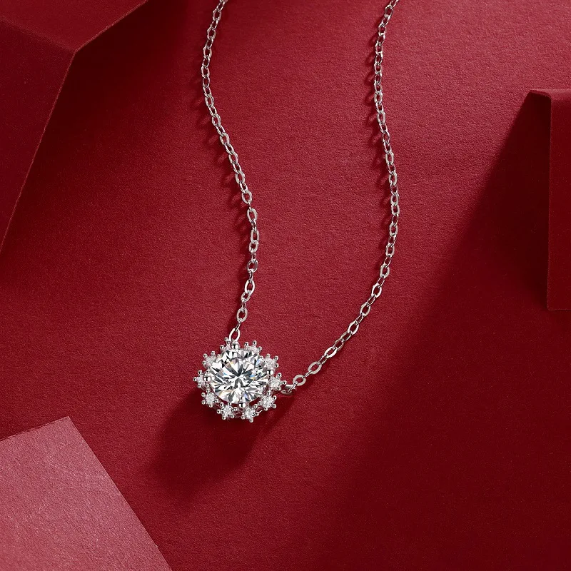 Authentic 925 Sterling Silver Chain Dazzling Snowflake Moissanite Pendant Graceful Luxury Quality Jewelry With Certificate