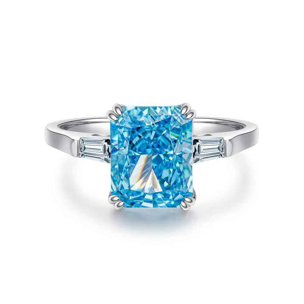 Oval Blue Gemstone Ring S925 Sterling Silver Fine Jewelry For Women Girl Emerald Cut  Lab Grown 5A Zircon High Carbon Diamond