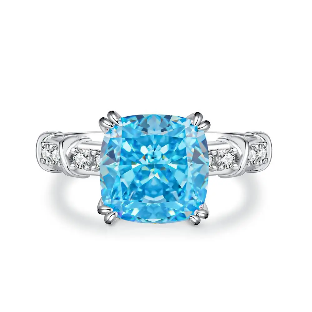 Oval Blue Gemstone Ring S925 Sterling Silver Fine Jewelry For Women Girl Emerald Cut  Lab Grown 5A Zircon High Carbon Diamond