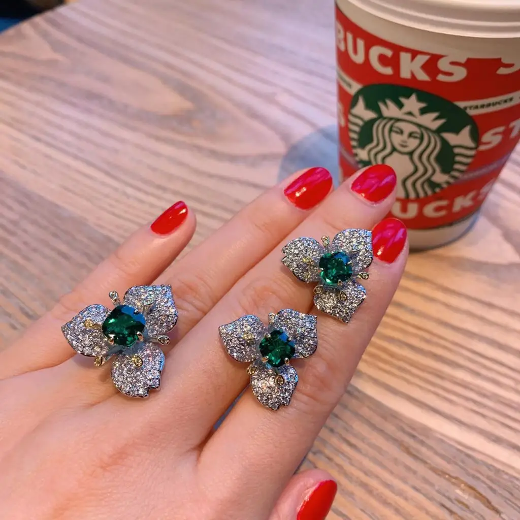 Sparkling Cubic Zirconia Lab Created Emerald Jewelry Set For Women Silver Alloy Ring Earrings Popular Anniversary Gift