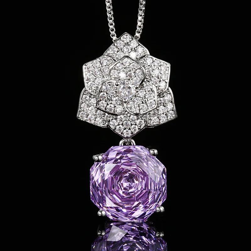 Rose Cut 12mm High Quality Zircon Violet Petal Pendant White Gold Plated Jewelry Set Wedding Party Fashion