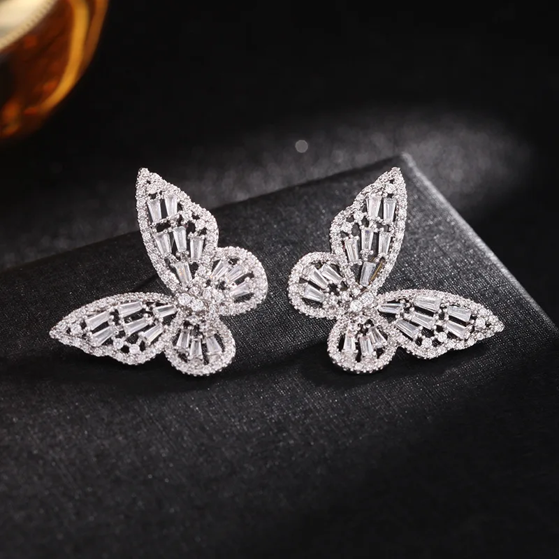 New Fashion Hollow Elegant Butterfly Earrings For Women Colorful Zircon Light Luxury Silver Plated Earrings Jewelry New Trend