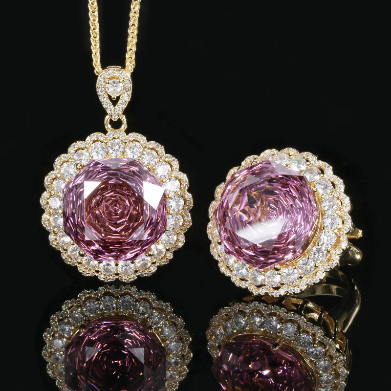 Rose Cut 18mm High Quality Zircon Gold Tone White Gold Plated Luxury Jewelry Set Fashion Statement