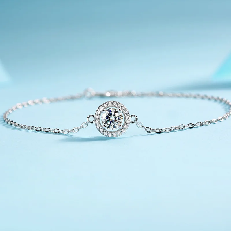 Brilliant 0.5ct Halo Round Cut Moissanite 17-20cm 925 Sterling Silver Original Bracelet For Women Popular Valentine's Gift