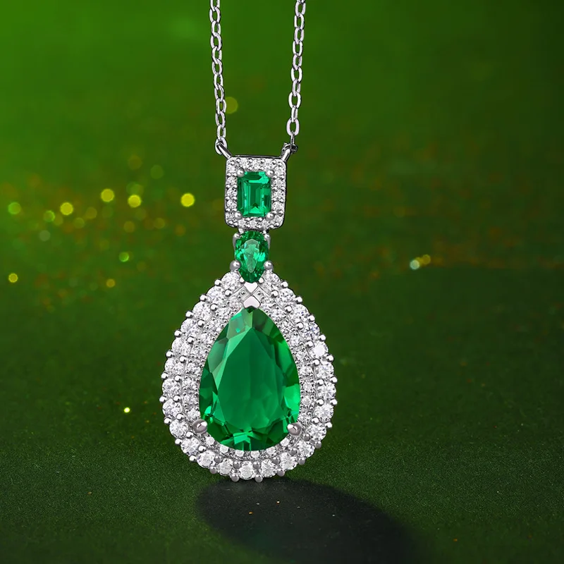 Elegant Lab Created Drop Emerald Pendant S925 Sterling Silver Necklace For Women 50cm Luxury Designer Jewelry Temperament Gift