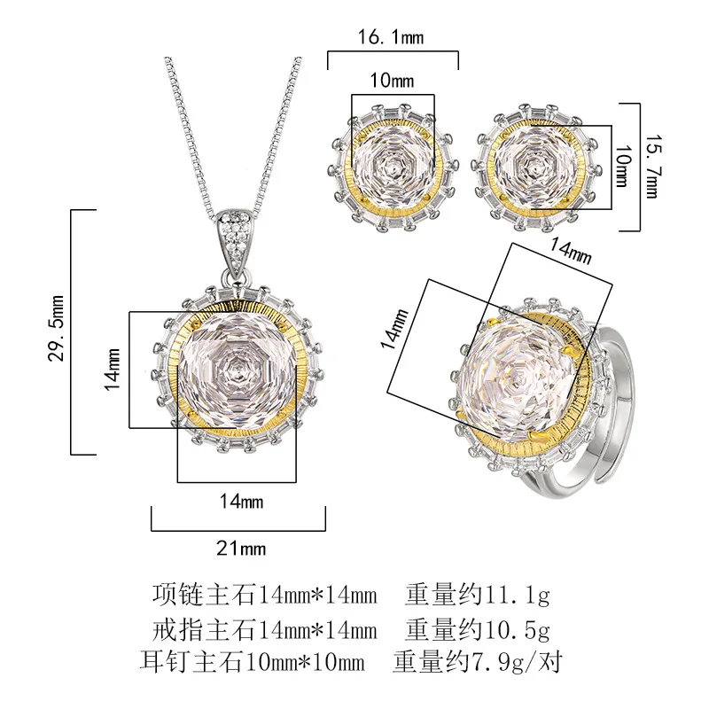 Millennium Cut 14-10mm High Quality Zircon White Diamond White Gold Plated Round Jewelry Set Party Gift Fashion