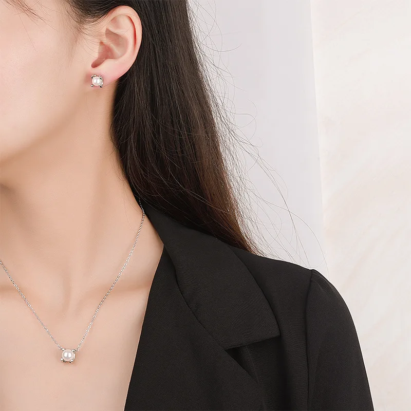 Pearl Jewelry Set S925 Silver Needle Shell Pearl Earring Light Luxury Pendant With Collar Chain New Necklace Mother's Day Gift