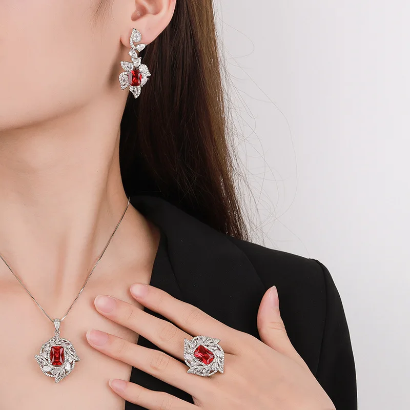 Rhinestones Jewelry Silver Luxury Woman New Ruby Tourmaline Ring Luxury Retro Earrings Temperament Necklace Sets For Women Gift