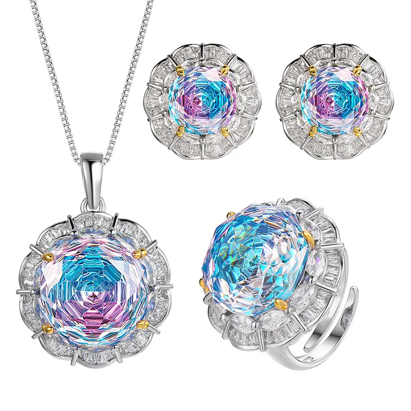 Rose Cut 16-10mm High Quality Zircon Gradient White Gold Plated Elegant Jewelry Set Bridal Wedding Fashion