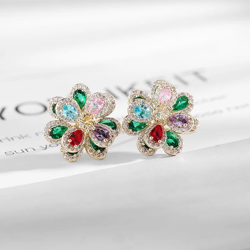 Double Layers Color Zircon Flower Earrings For Women Female Wedding Engagement Real Ag Needle HQD Stud Earrings New Trend