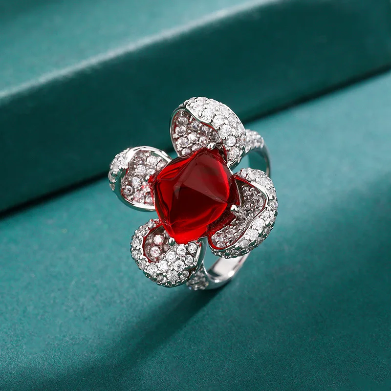 Jewelry Ruby Flower Emerald Necklace Crystal Zircon Necklace Ring Princess Temperament Jewelry Set For Women Gift Personality