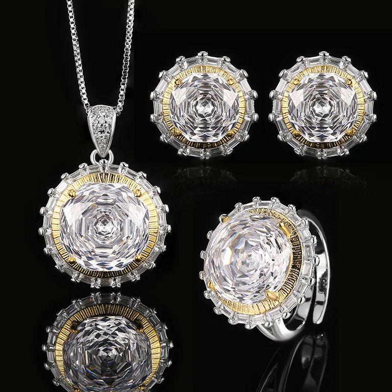 Millennium Cut 14-10mm High Quality Zircon White Diamond White Gold Plated Round Jewelry Set Party Gift Fashion